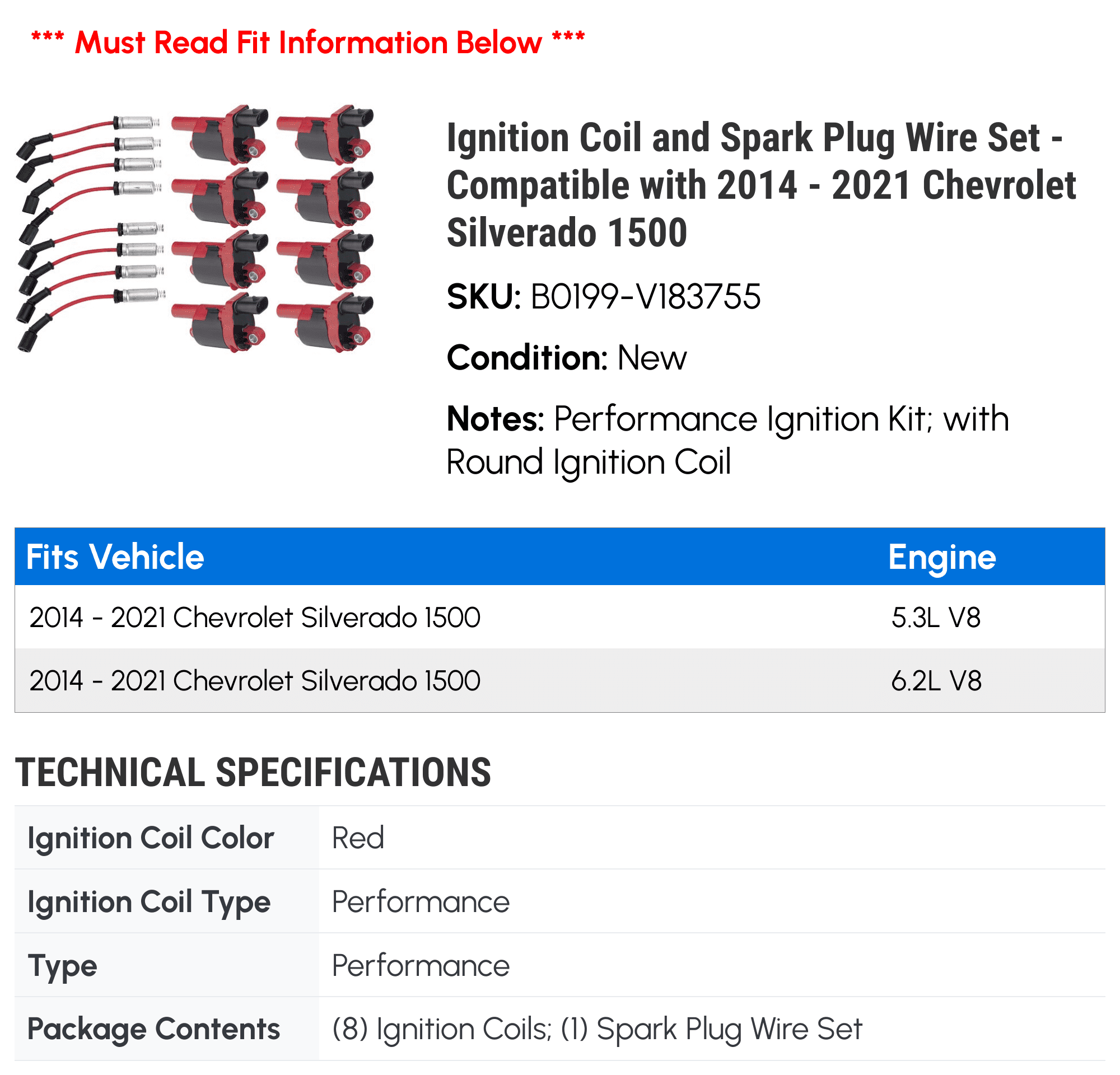 Ignition Coil and Spark Plug Wire Set - Compatible with 2014 - 2021 Chevy Silverado 1500 2015 2016 2017 2018 2019 2020