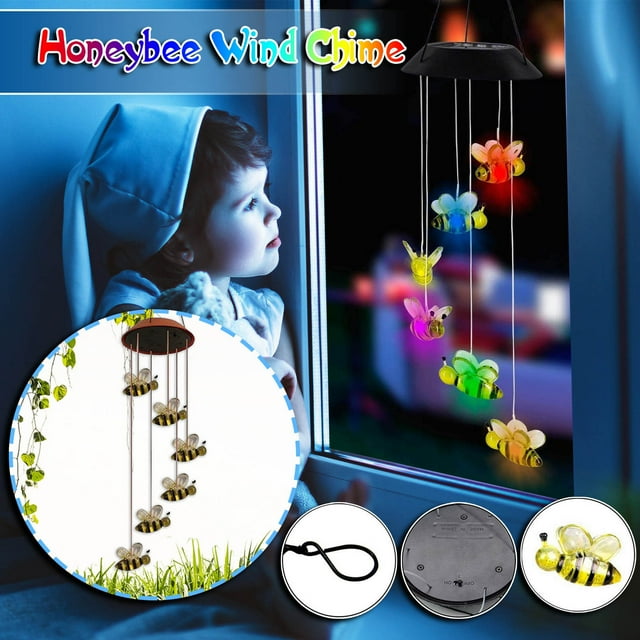 Solar Powered LED Wind Chime with Auto Color Changing Lights - 27 Inch Outdoor Garden Decor with Bee Design