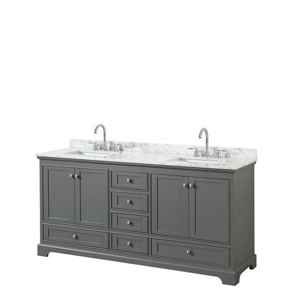 72 in. Double Bathroom Vanity, White Carrara Marble Countertop, Undermount Square Sink & No Mirror - Dark Gray