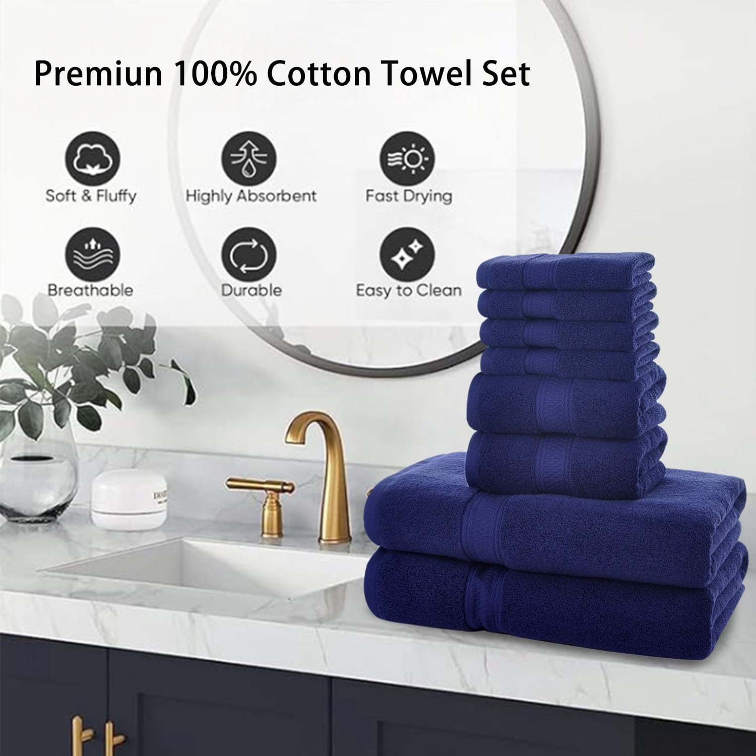 JML Navy Bath Towel Set of 8 Pieces - 100% Cotton Highly Absorbent Towels for Bathroom, 2 Soft Bath Towels, 2 Hand Towels, 4 Washcloths