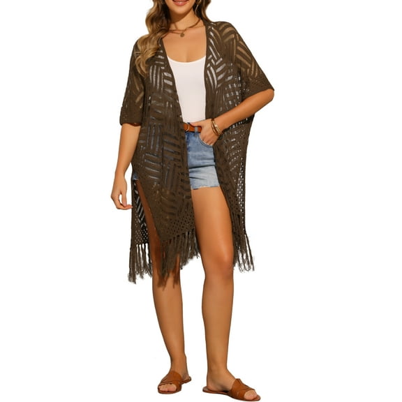 INSPIRE CHIC Women's Open Front Boho Lightweight Fringe Kimono Beach Knit Cardigans M Brown