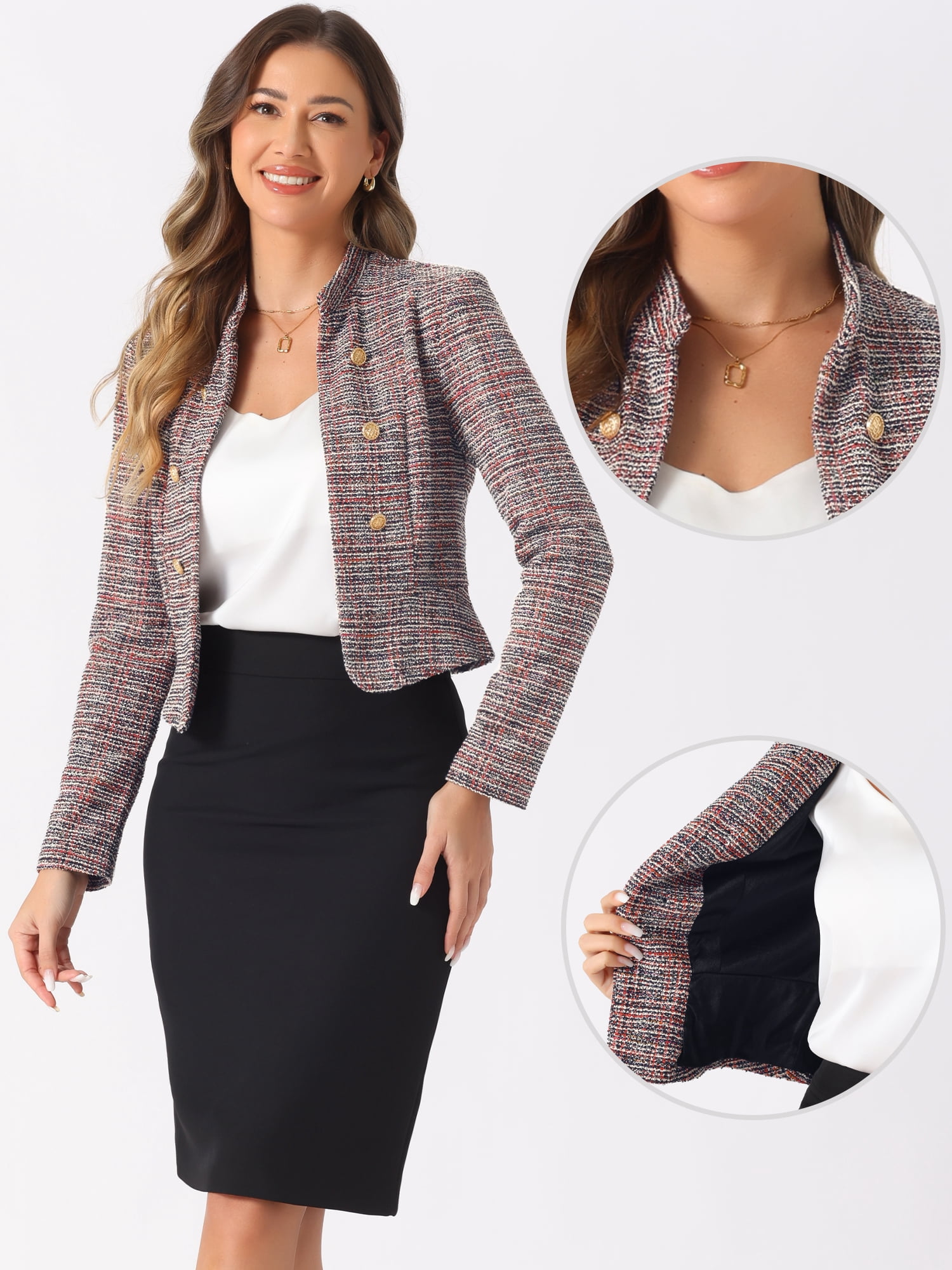 DARING DIVA Women's Elegant Stand Collar Business Plaid Tweed Blazer XL Red Black
