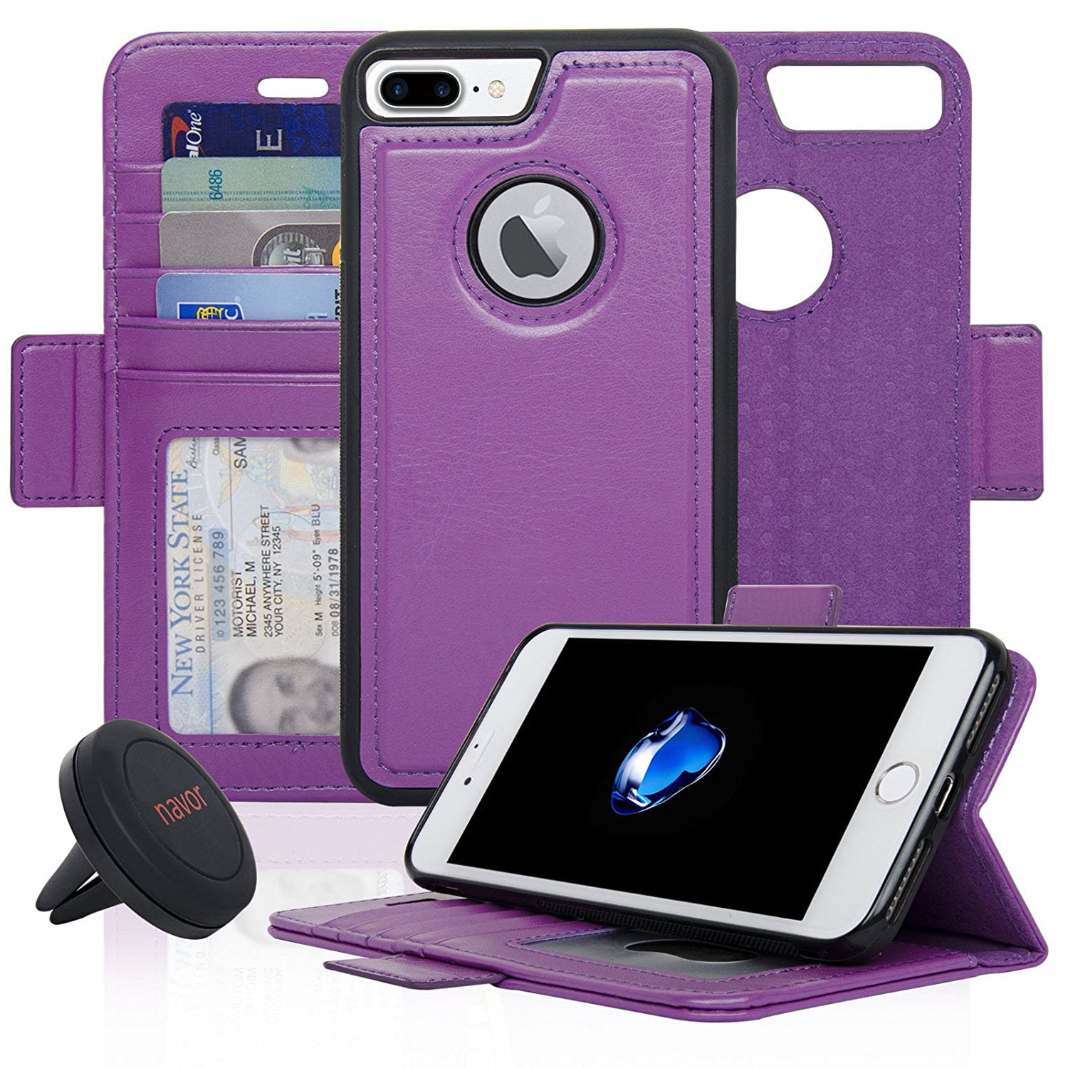 NAVOR Car Mount and iPhone 7 Plus & iPhone 8 Plus Detachable Magnetic Wallet Case [RFID ...