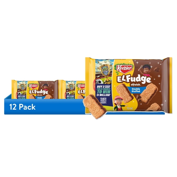 (12 pack) Keebler E.L. Fudge Double Stuffed Elfwich Cookies, Sandwich Cookies Stuffed with Crème Filling, 13 oz