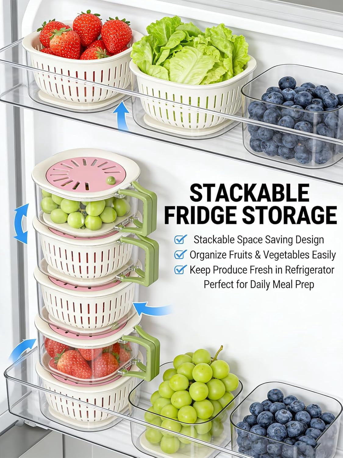 2-in-1 Draining and Preservation Basket, Fruit Washing Bowl with Strainer and Lid, Vegetable Washer Container for Kitchen and Fridge Storage