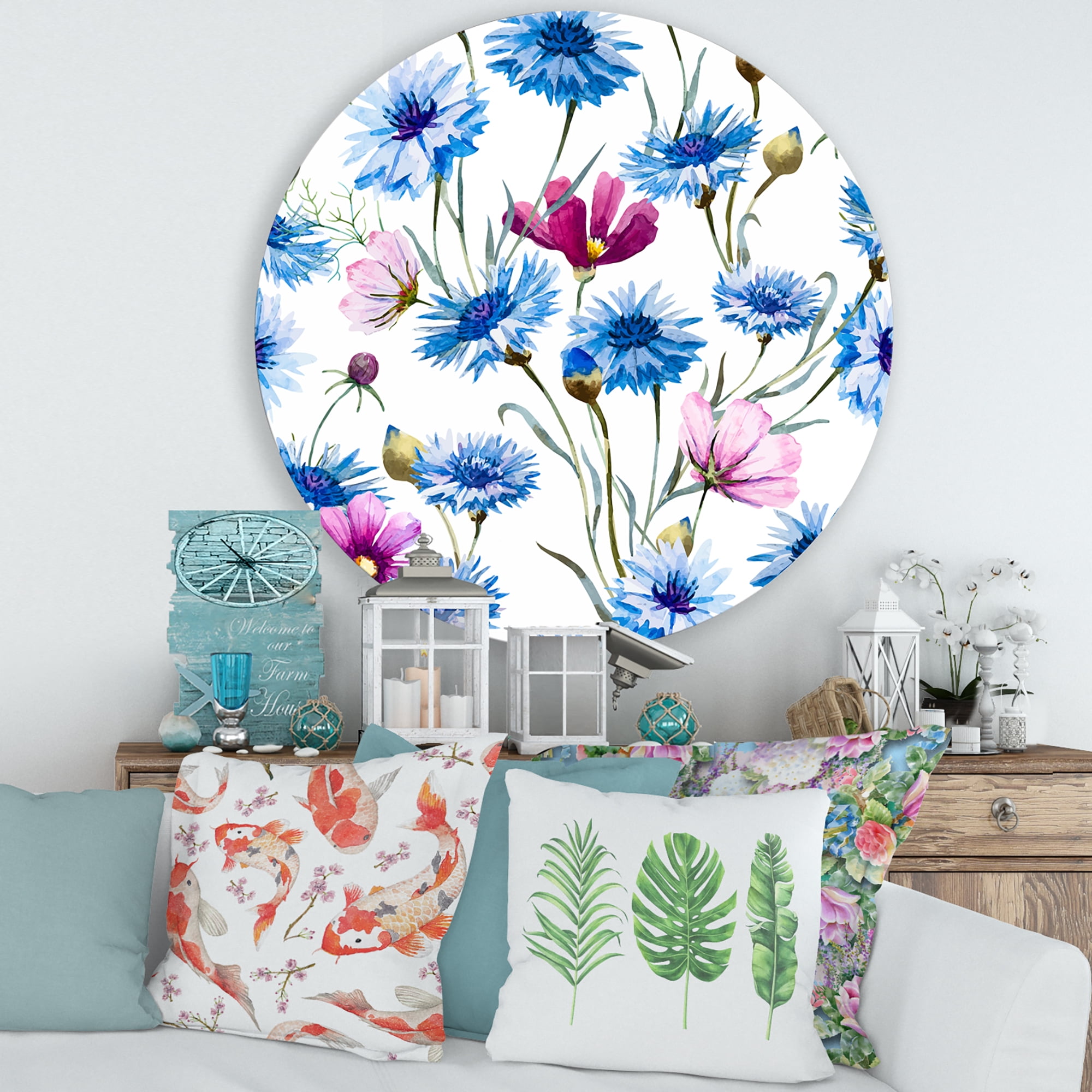 Designart 'Pink and Blue Wild Cornflowers' Traditional Circle Metal Wall Art 29x29 - Disc of 29