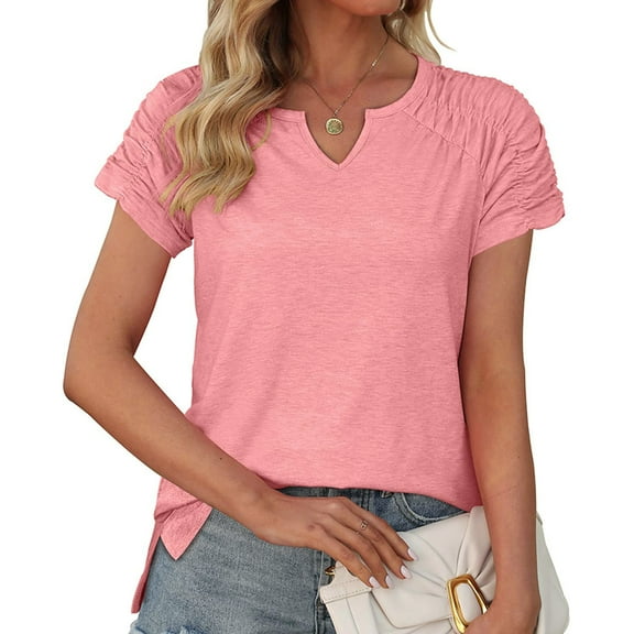 Giftesty Women Loose Casual Short Sleeve V-Neck Solid Casual Blouse T-Shirt Tunic Tops