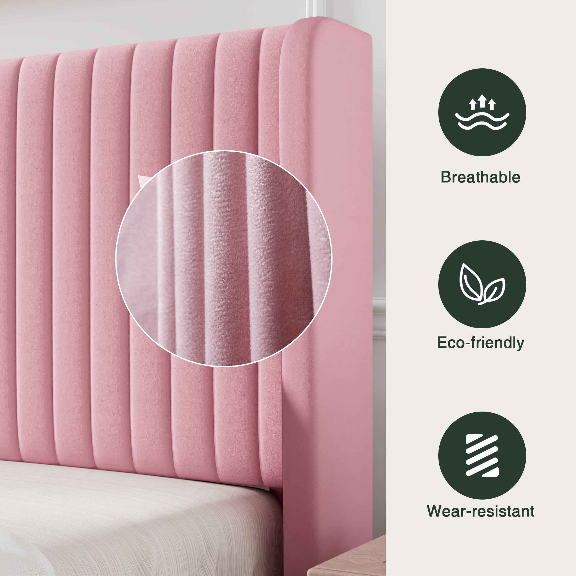 Amolife Velvet Wingback Headboard Full Size Platform Bed Frame  Vertical Stripe, Pink  (图3)