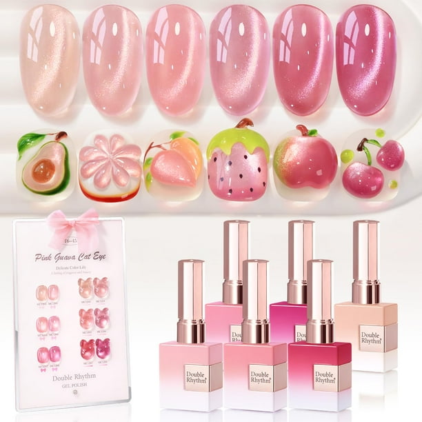 Set de esmaltes de uñas en gel Double Rhythm Cat Eye, 15 ml x 6 unidades, color rosa