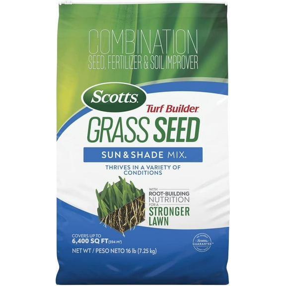 Scotts Turf Builder Grass Seed Sun & Shade Mix thrives in a Variety of Conditions with Root-Building Nutrition, 16 lb.