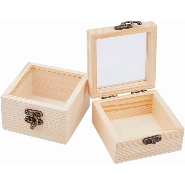 2 cajas de madera con tapa de vidrio, pequeñas cajas de madera con tapa transparente, caja de regalo de madera sin terminar con cierre de metal.