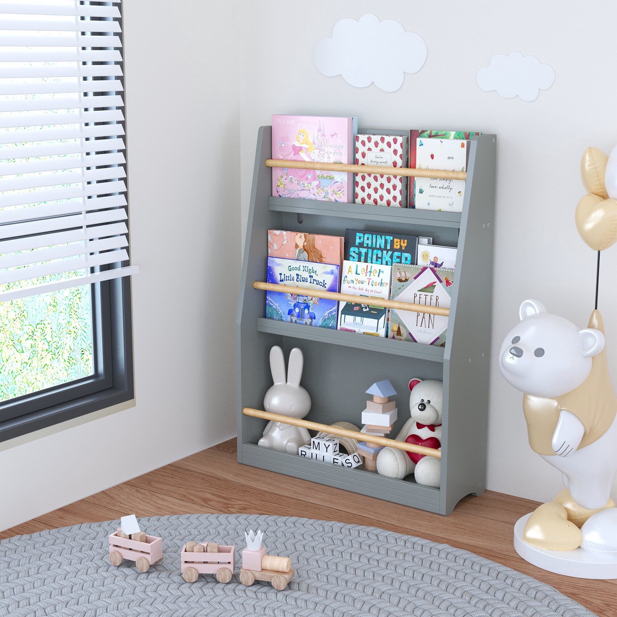 Yoneston Kids 3-Tier Bookcase with Wood Rails, Children's Standing Display Bookshelf for Playroom, Bedroom, Nursery, Gray