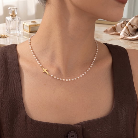 Pearl Cross Necklace for Women, 14K Gold Plated Dainty Pearl & Cross Pendant Necklace, Christian Faith Jewelry Gift for Her