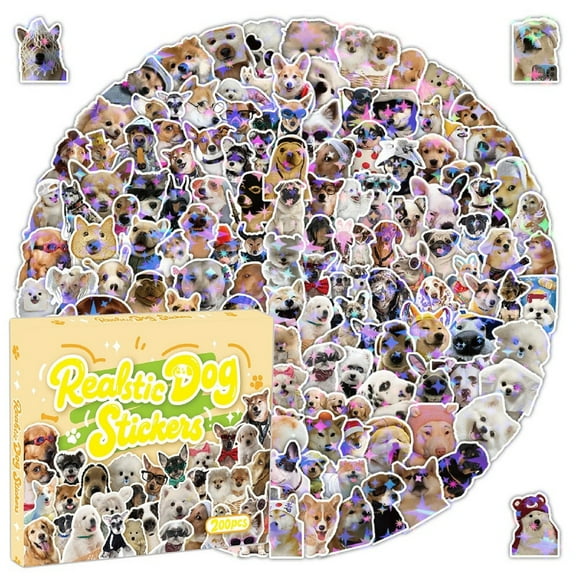 THOPBPRK 200 Pcs Cute Holographic Glitter Dog Meme Stickers Pack, Funny Kawaii Dog Sticker Waterproof Vinyl Decals for Journaling Laptop Scrapbook Water Bottles for Animal Party Decoration Favor