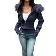 thumbnail image 3 of Women'S Zip Up Cardigan Sweater Cable Faux Fur Hoodies Long Sleeve Jacket Knit Outfits Y2K Navy Blue L, 3 of 9