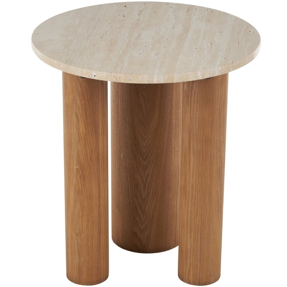 DecMode 18" x 20" Brown Wood Accent Table with Beige Round Marble Tabletop, 1-Piece