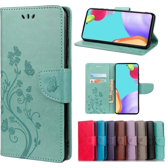 Galaxy A23 5G Case Wallet, Magnetic Leather Folio Cover for Samsung Galaxy A23 5G Flip Case with Card Holder Kickstand, Butterfly Floral Embossed Phone Case for Women (Green)