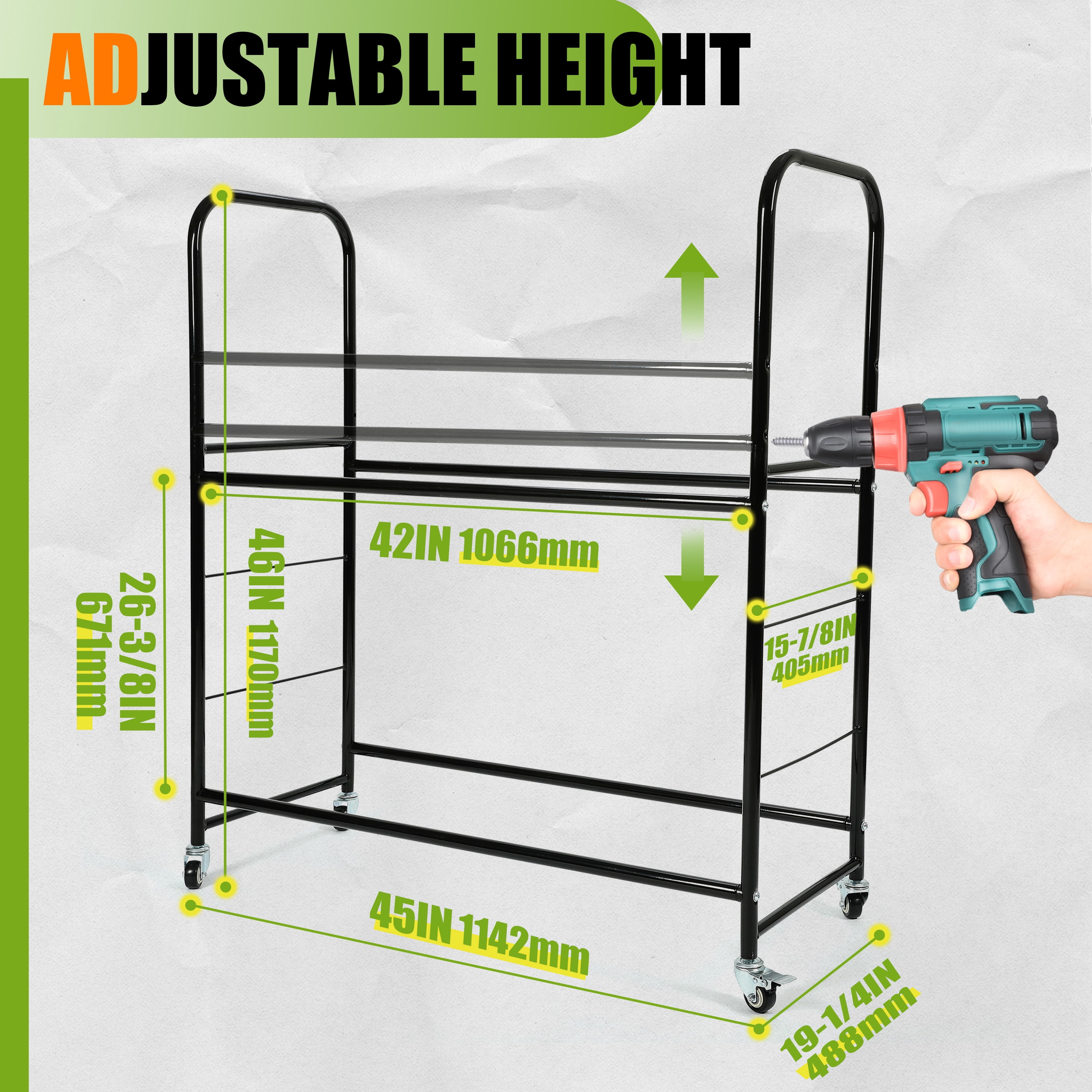 Kojem Universal Tire Storage Rack for Garage, Rolling Tire Organizer Shelving Rack w/ Adjustable Tire Stand, Steel Black, 46'' X 19'' X 44''