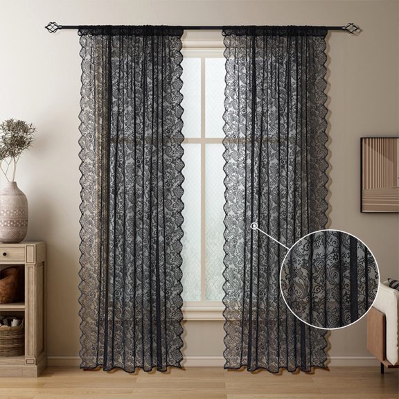 2 Panels Flower Lace Curtains, Floral Semi-Sheer Curtains for Living Room and Bedroom