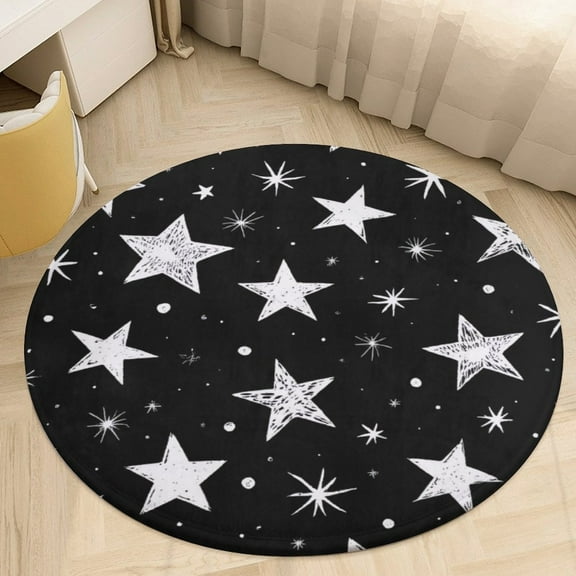 Black And White Star Pattern Round Area Rugs for Bedroom Living Room, 3FT Soft Indoor Circle Carpets, Carpet Home Decor Floor Mat