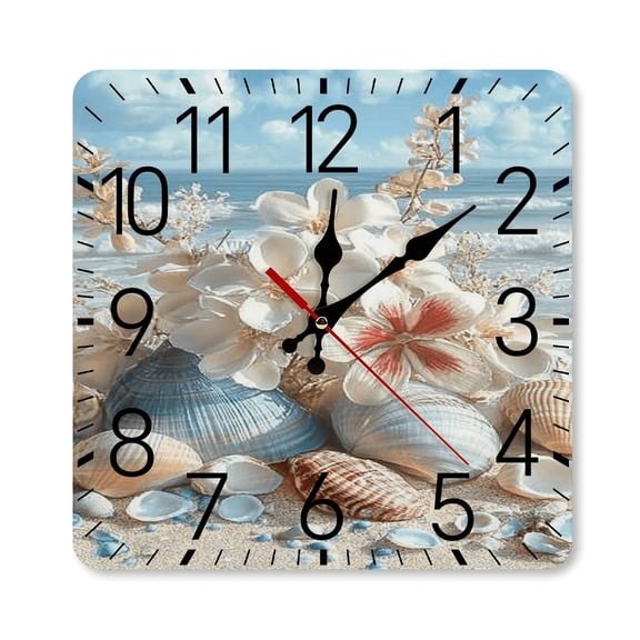 RKSupls 10×10inch Square Silent Wall Clock Wooden Frame, Seashell Flowers Beach Scale Decorative Clock for Home Bedroom Living Room Office