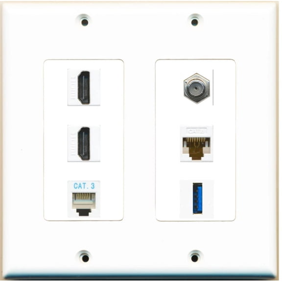 Ultra Spec Cables 2 Port HDMI Coax Cat6 Phone USB Wall Plate 2 Gang