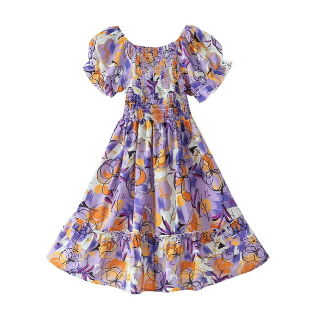 Jupe Extensible pour Filles Moyennes et Grandes, Robe Dinosaure à Manches Courtes, Robe de Princesse pour Vacances en Bord de Mer avec Fleurs