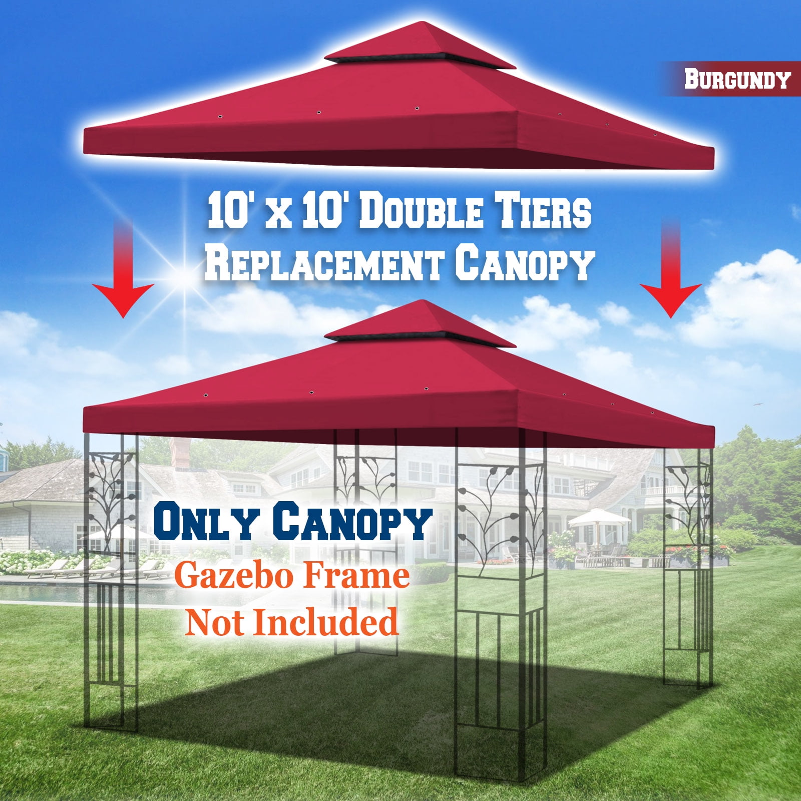 Sunrise Replacement top cover for 10'X10' gazebo canopy patio pavilion sunshade plyester Double tier-Burgundy