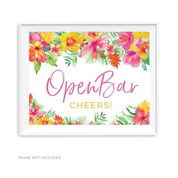 Tropical Floral Garden Party Wedding Party Signs, Open Bar Cheers!, 8.5x11-inch