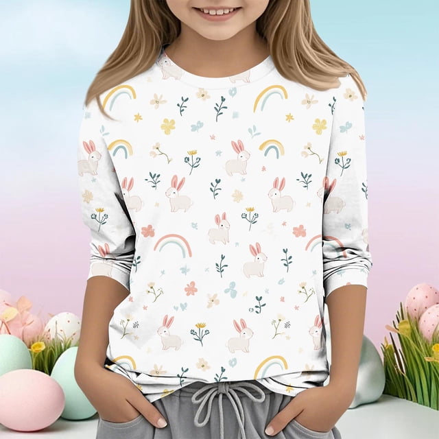 Blusas y camisas de manga larga con cuello redondo para niños con estampado de día de Pascua, manga 3/4/cuello redondo tres cuartos, camisa inferior y superior para niños, parte superior de poliéster