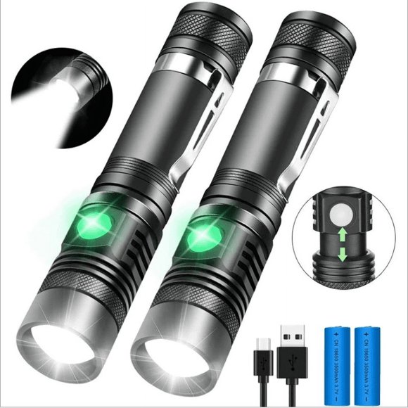 Rechargeable Tactical Flashlight, LED Flashlights High Lumens (Include 18650 battery), iToncs Pocket-Sized Flashlight with Clip, Water Resistant, Zoomable, 4 Modes for Hiking Camping Emergency 2 Pack
