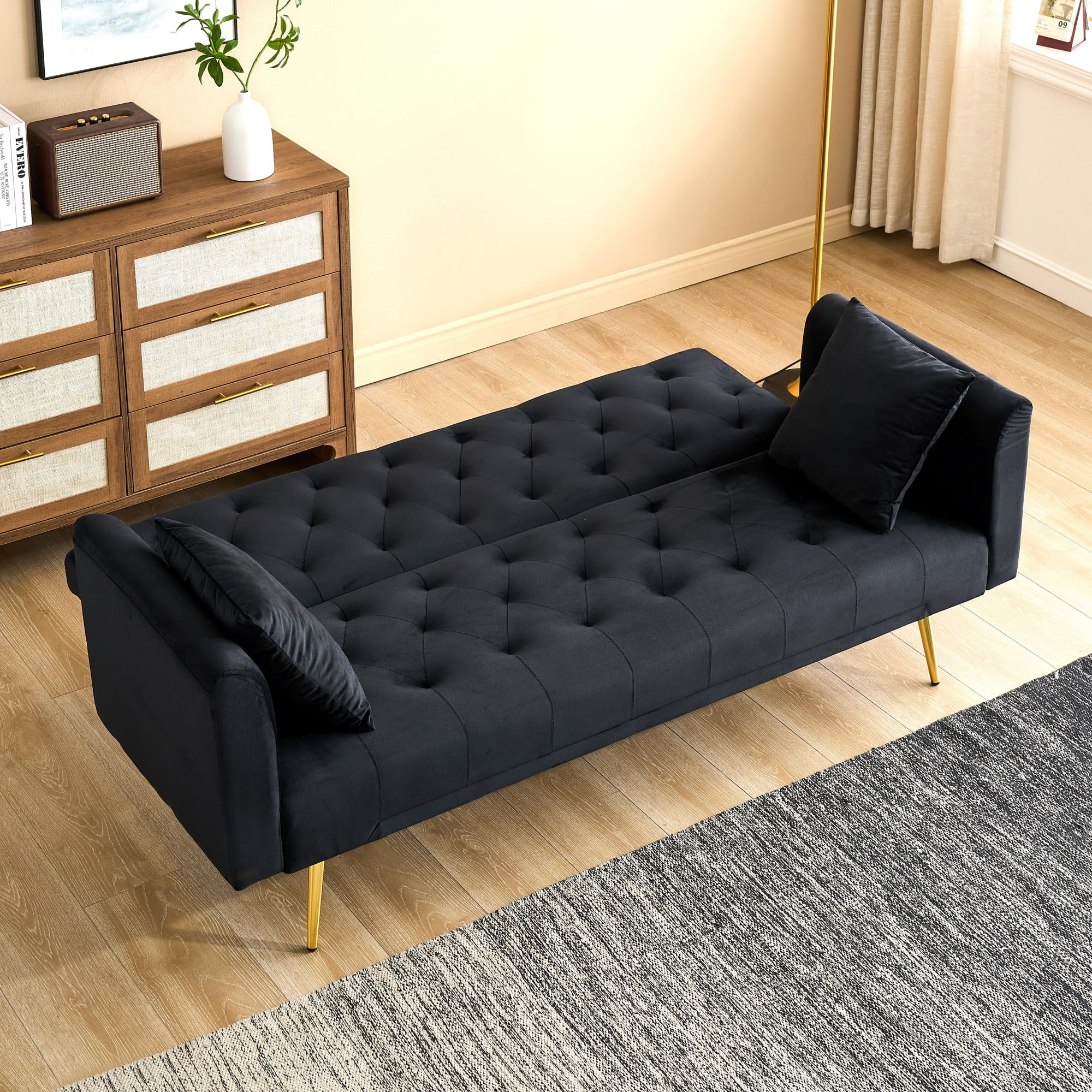 Jopath Velvet Futon Sofa Bed,Convertible Sleeper Couchwith Adjustable Backres & 2 Pillows for Small Spaces,Living Room,Black03