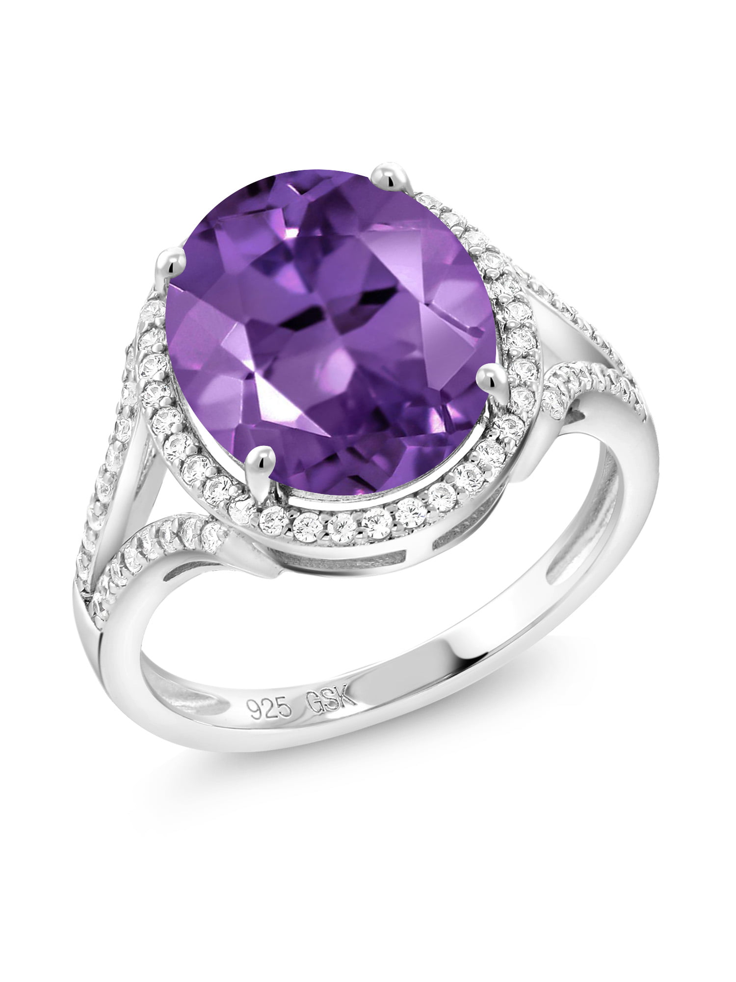 Gem Stone King 2.33 Ct Oval Purple Amethyst White Diamond 925 Sterling Silver Ring