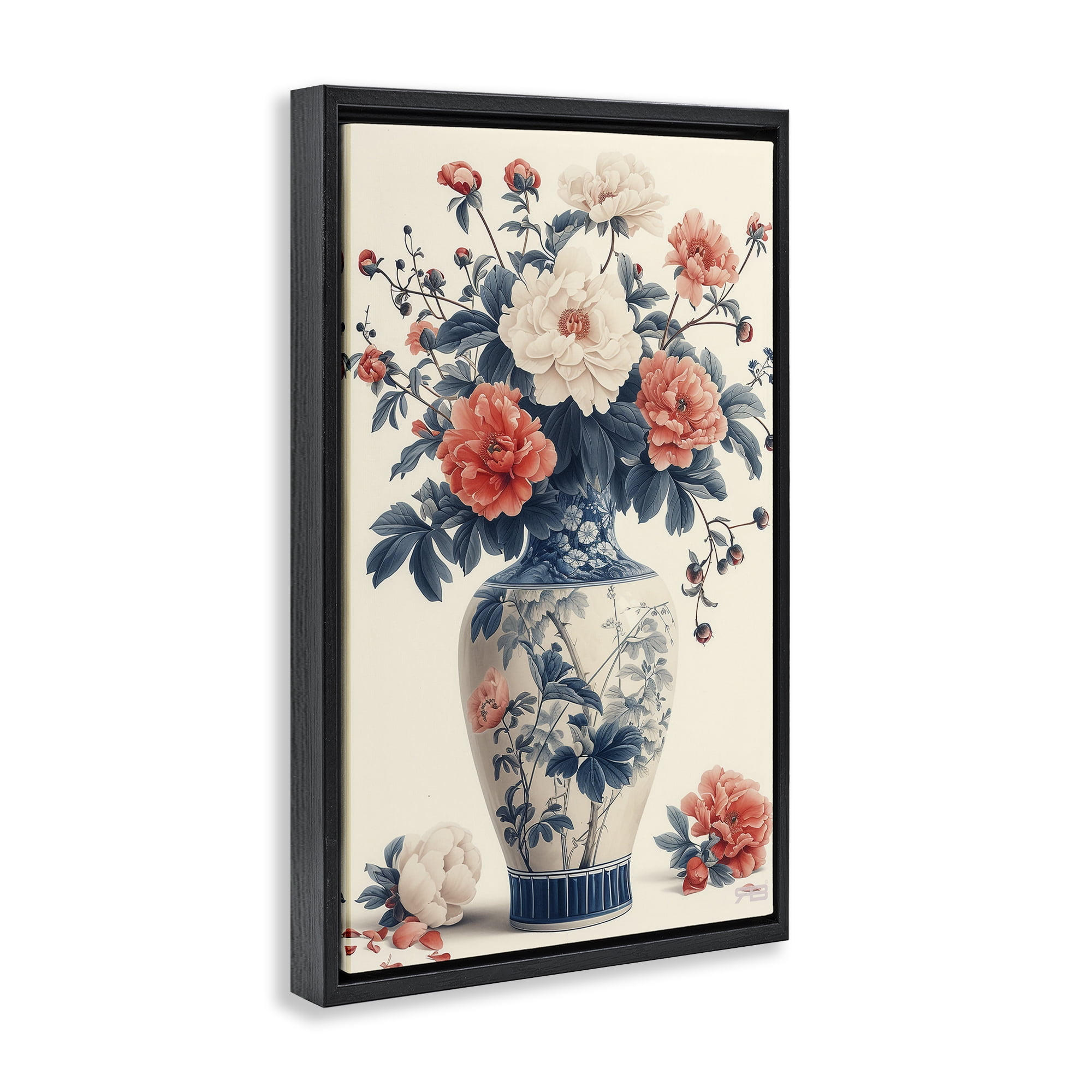 Stupell Industries Vintage Eastern Vase Botanical & Floral Painting Black Floater Framed Art Print Wall Art, 21 x 31