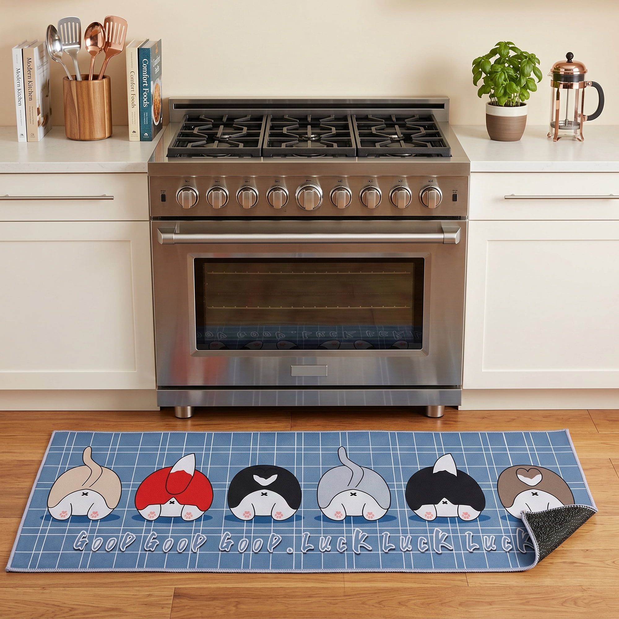 Unique Bargains Non Slip Dog Butt Floral Printed Kitchen Rugs and Mat Gray 24"x16"+47"x16"