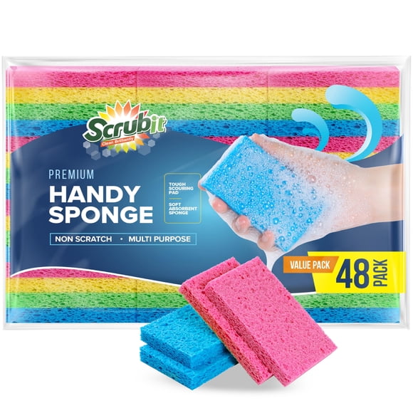 SCRUBIT Éponges de Cuisine 48 Unités pour le Nettoyage de la Vaisselle - Éponge à Récurer Non Abrasive - l'Emballage Peut Varier, Éponge de Cuisine en Cellulose Naturelle