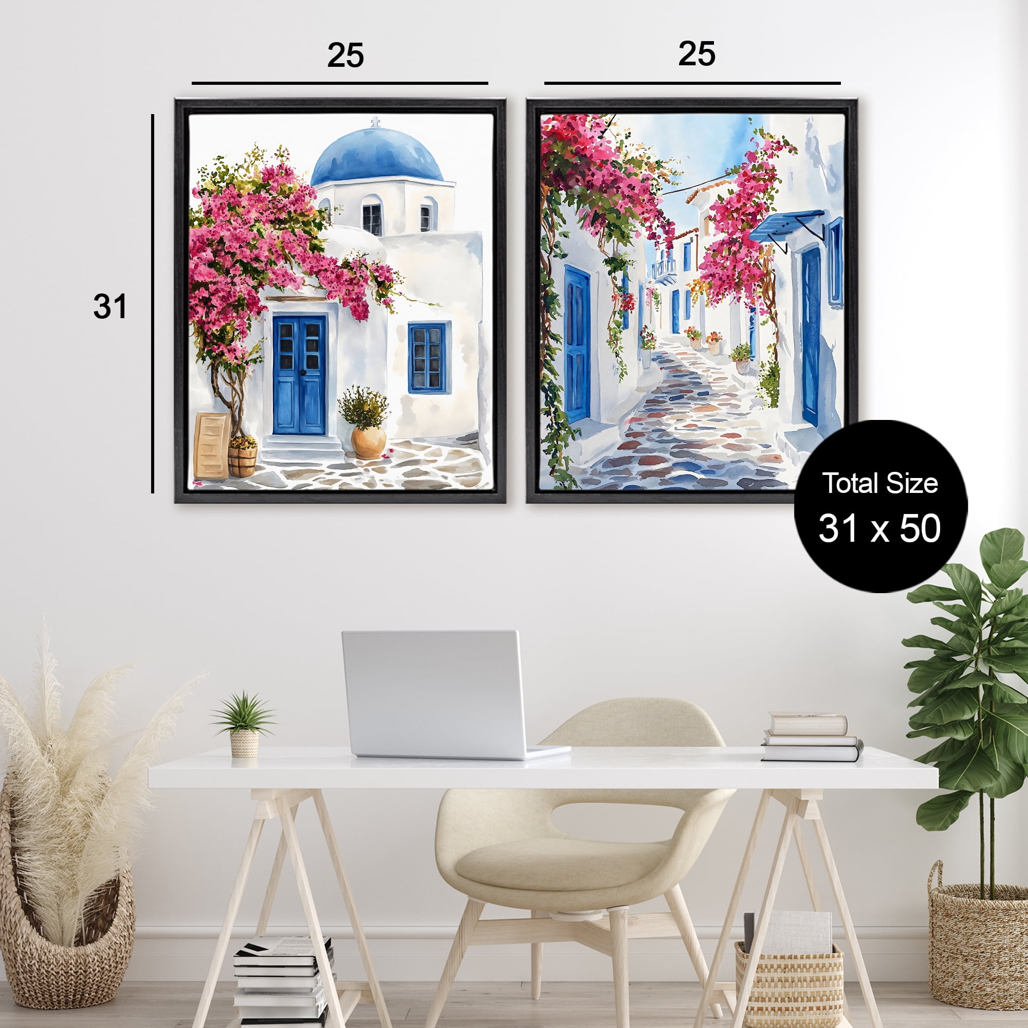 Stupell Industries Santorini House with Pink Tree 2 Piece Black Framed Floater Canvas Set, design by LSR Design Studio