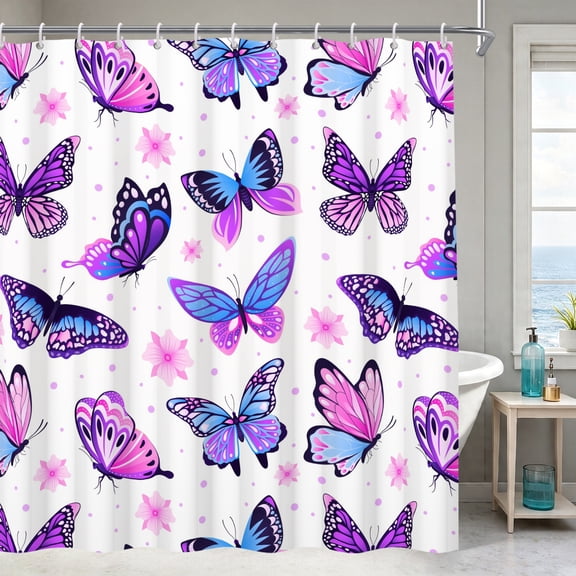 Purple Blue Pink Butterfly Shower Curtain Waterproof Fabric Bathroom Curtain with Hooks 72"W x 72"L