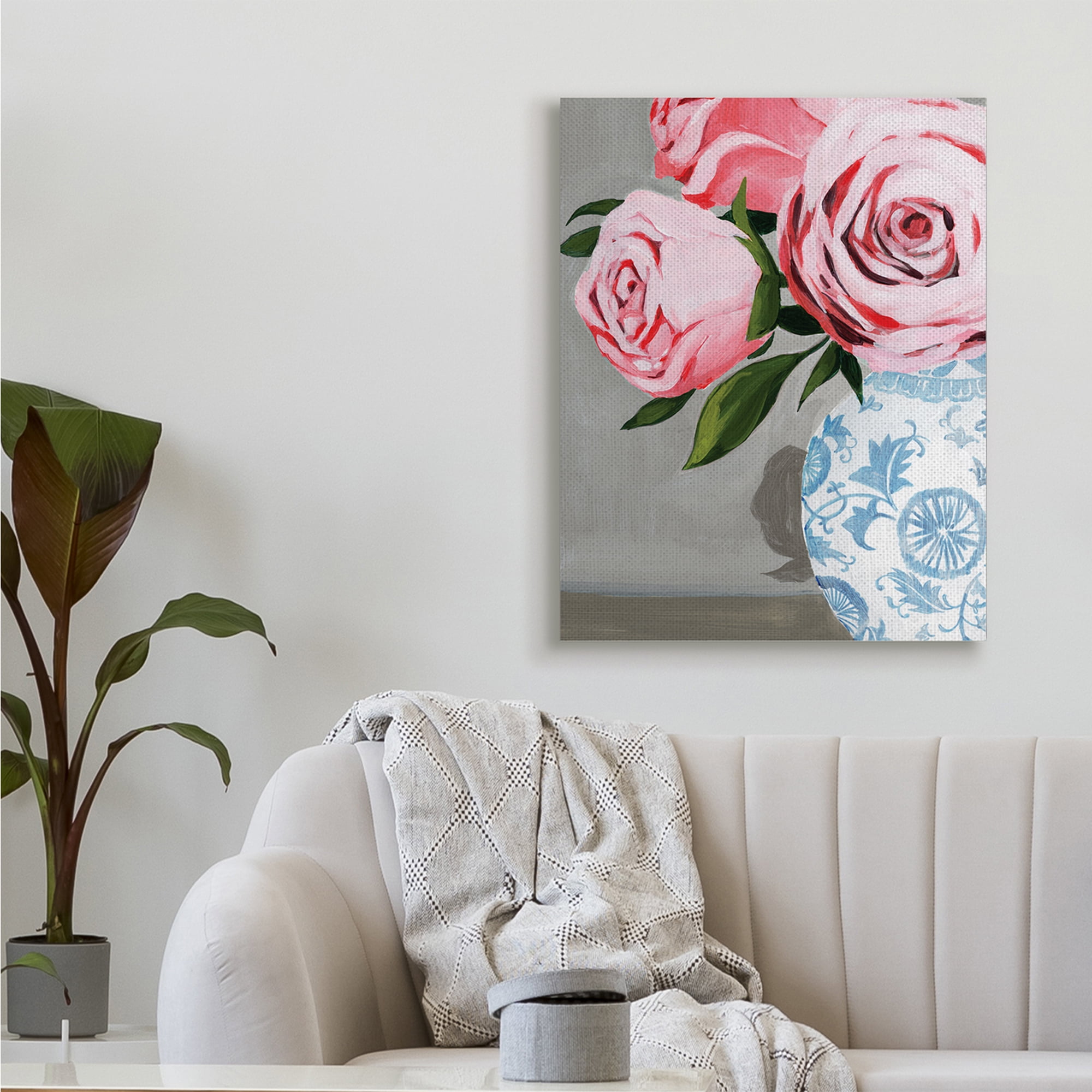 Stupell Industries Blossoming Pink Roses in Ornate Blue Vase,30 x 40,Designed by Grace Popp