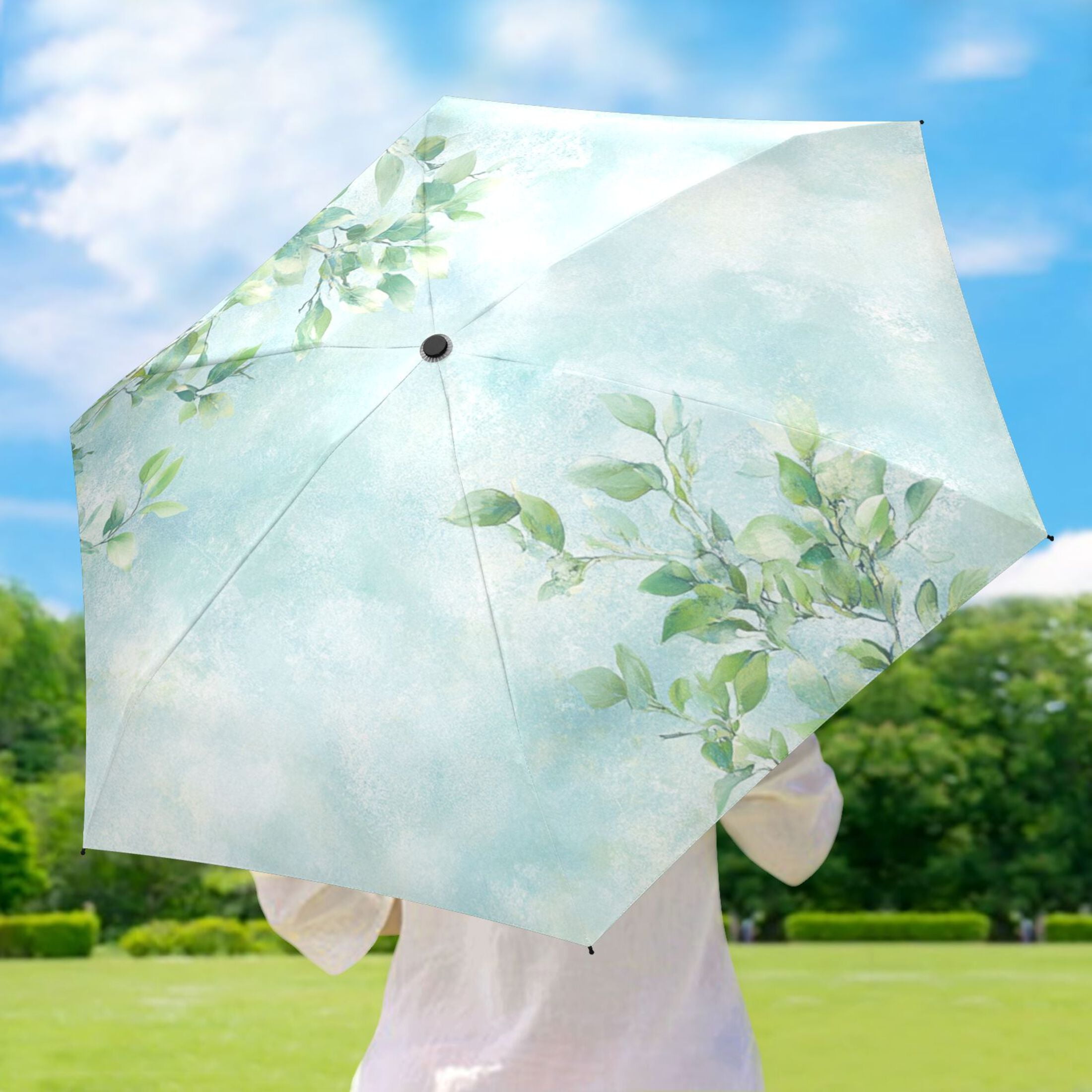 Soft Leafy Background Umbrellas for Sun Auto Open Close UV50+ Waterproof 5-Fold Compact Fiberglass Frame