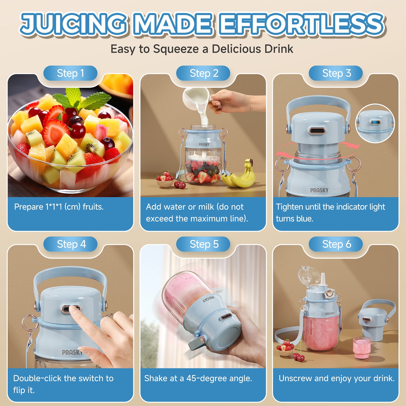 PRASKY 2-in-1 Portable Blender, BPA Free 27oz for Juicer, Smoothies and Shakes (Blue)
