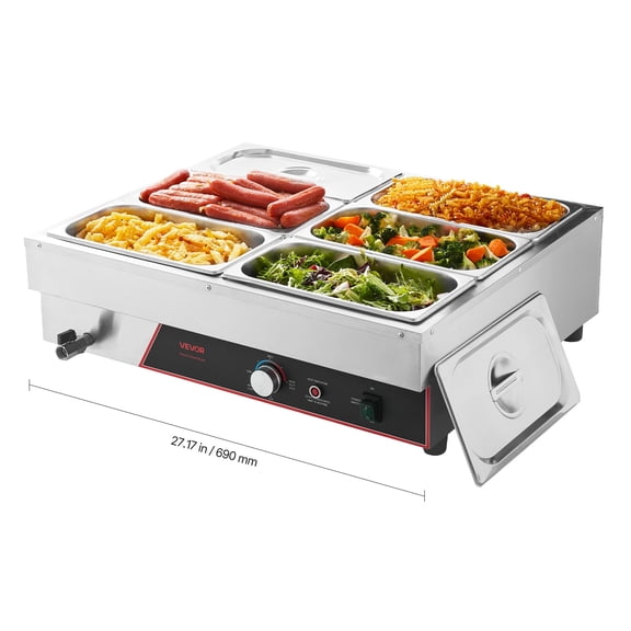 VEVOR Commercial Food Warmer, 1500W Electric Stainless Steel Steam Food Warming with Lid, 6-Pan Fast Heating Countertop Buffet Bain Marie with Power Cord, for Catering, Restaurant, Party & Buffets
