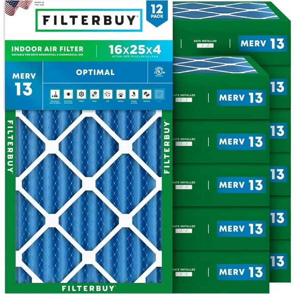 Filterbuy 16x25x4 Air Filter MERV 13 Smoke Defense, Pleated HVAC AC Furnace Filter Replacement, 12-Pack