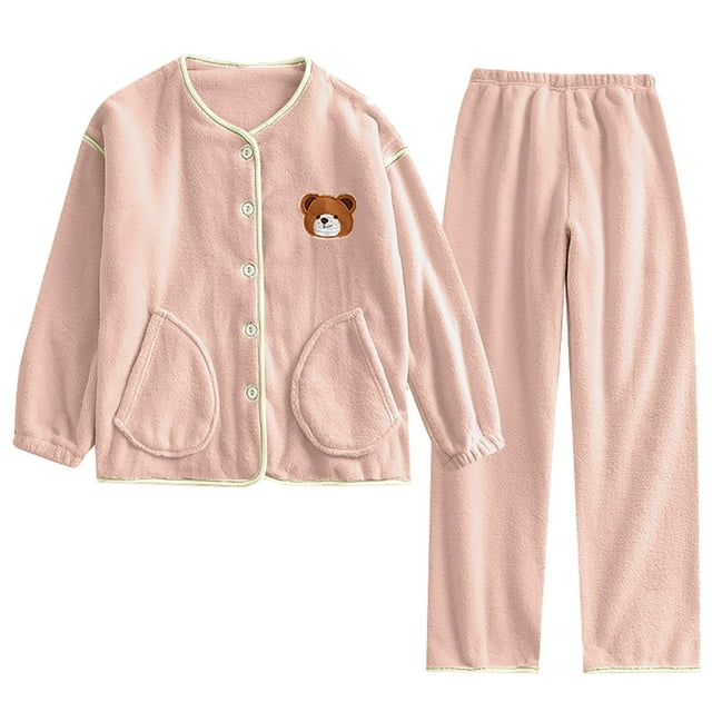 Teissuly Pyjamas pour Femmes Hiver Col Rond Mignon Corail Peluche Maison avec Poches Ensemble de Nuit en Peluche