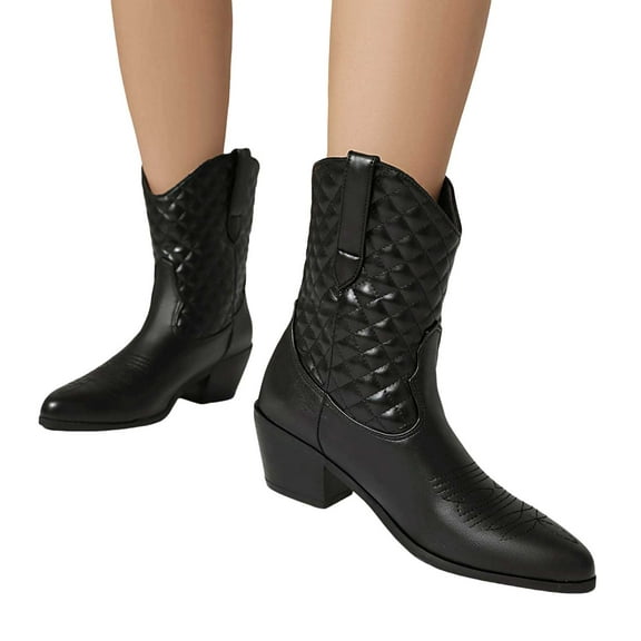 Mostsola Quilted Cowboy Boots for Women Fashion Pointed Toe Heel Pull on Western Booties
