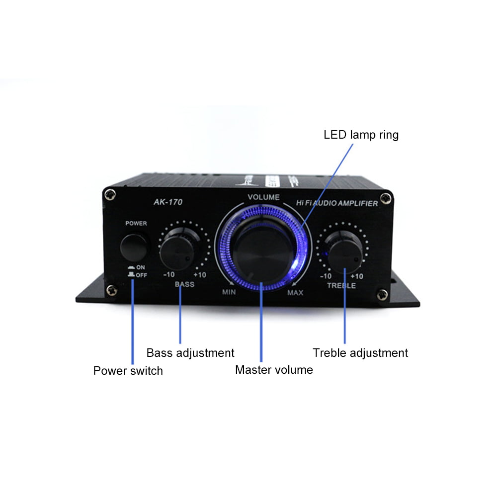 DC 12V Mini Stereo Audio Speaker Amplifier with Bass Treble Volume Control 