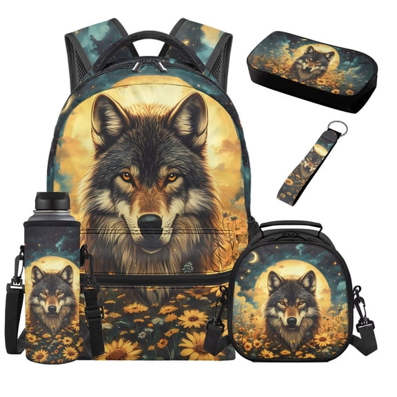 XYZCANDO Wolf Backpack School Set 5Pcs with Daisy Lunch Bag Multifunctional Pencil Case Water Bottle Bag Carrier Lanyard Keychain Cute Toddler Bookbag