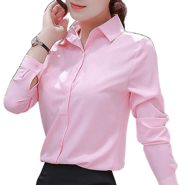 Women's Autumn Button Up Shirt Cotton Tops and Blouses Casual Long Sleeve  Ladies Shirts Pink/White