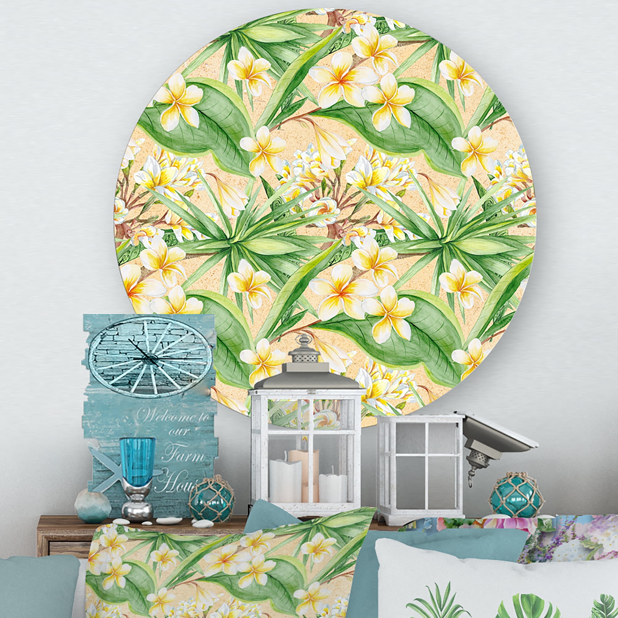 Designart 'Yellow Flowers and Tropical Foliage XIII' Modern Circle Metal Wall Art 23x23 - Disc of 23