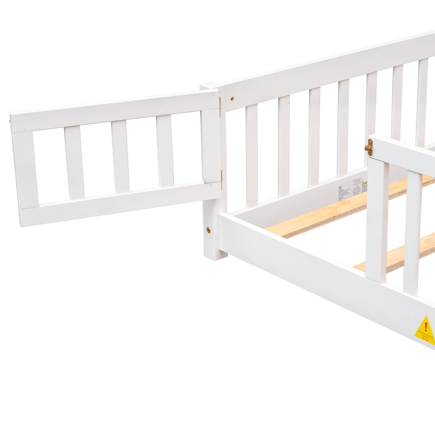 Twin Size Floor Bed, Montessori Floor Bed with Fence Rails and Door Design, Playhouse Bed Frame, Wooden Slats Support, White